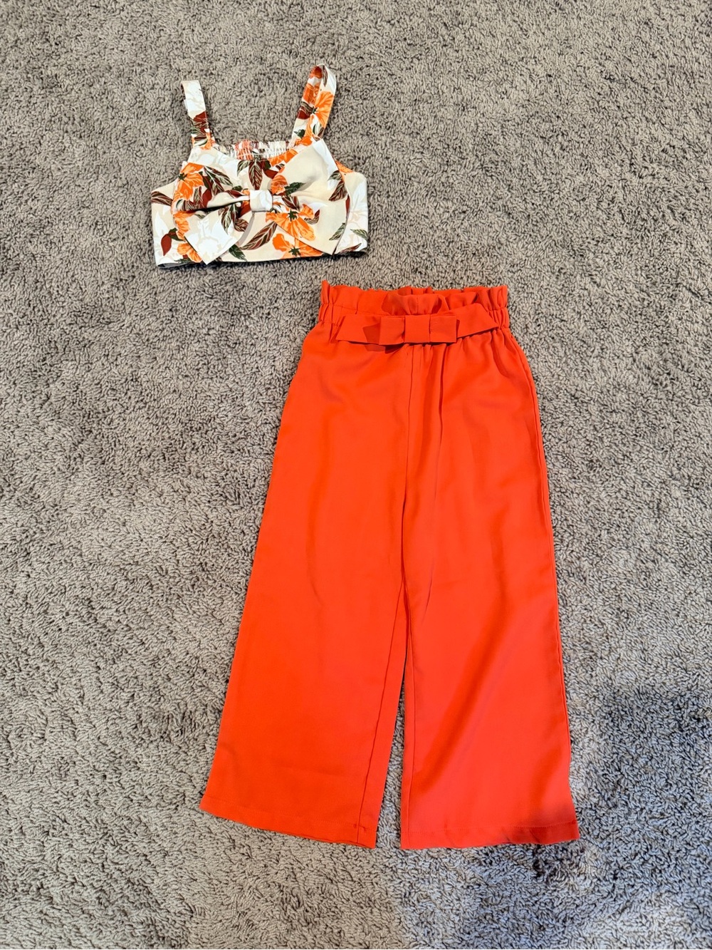 Girls' Bright Orange Wide-Leg Matching Set with Floral Top